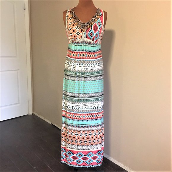 CHICO'S Multi-Print Embellished Maxi Dress - Small - Picture 2 of 16